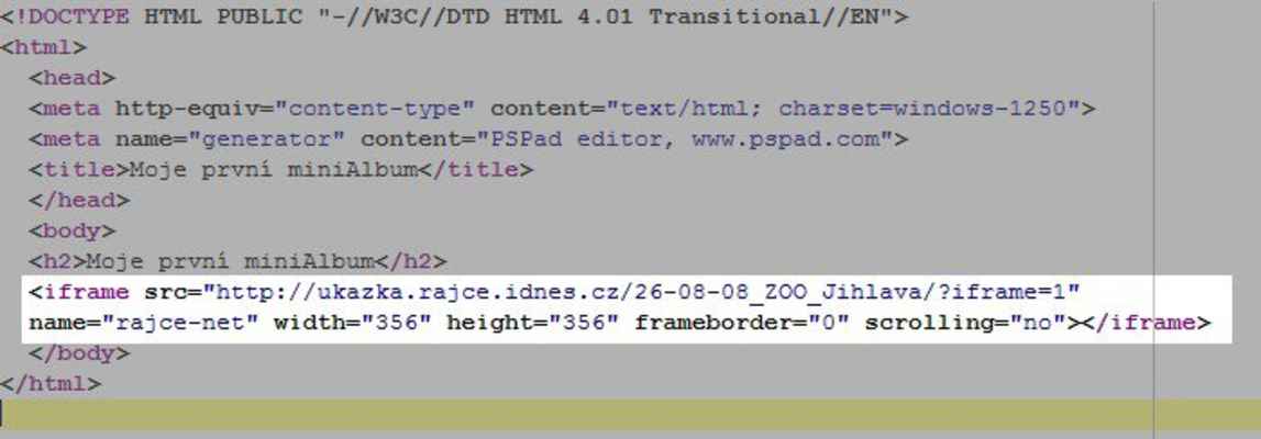 Vložený html kód - Takto bude vypadat výsledný html kód miniAlba, po vložení do internetové stránky.x